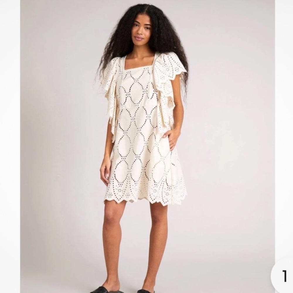Munthe Hico Eyelet Mini Dress 10 40 Beige Ruffle Butterfly Sleeve Organic Cotton